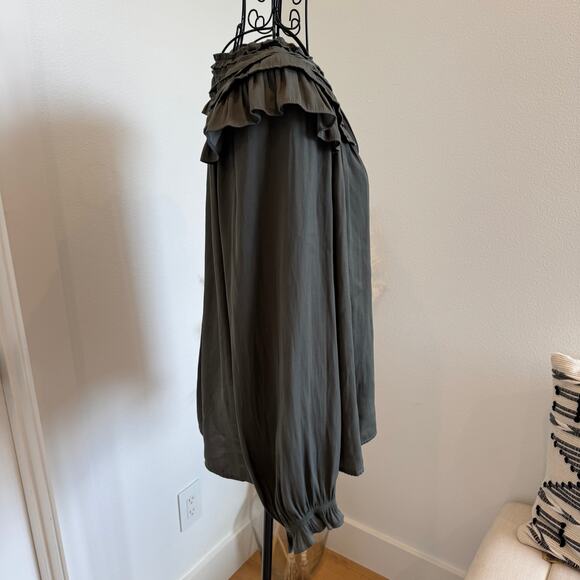 Current Air Ruffle Satin Long Sleeve Charcoal Peasant Blouse NWT - Picture 2 of 8
